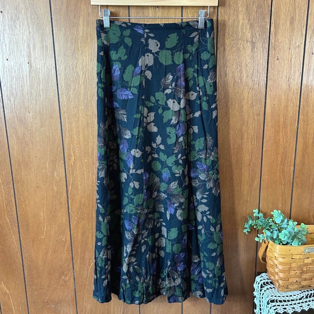 Vintage First Option Floral Maxi Skirt Black Green Purple Elastic Waist Medium